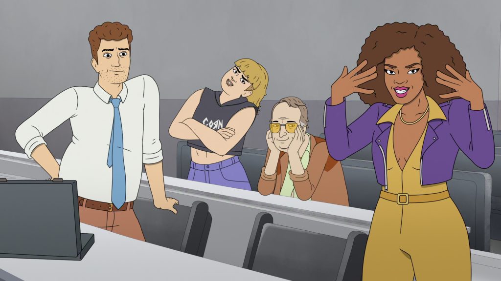 Strip Law S1. Adam Scott as Lincoln Gumb, ESQ., Shannon Gisela as Irene Gumb, Stephen Root as Glem Blorchman and Janelle James as Sheila Flambe in Strip Law S1. Cr. Courtesy of Netflix © 2026