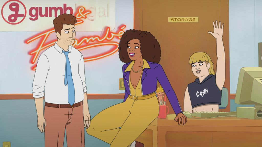 Strip Law S1. Adam Scott as Lincoln Gumb, ESQ., Janelle James as Sheila Flambe and Shannon Gisela as Irene Gumb in Strip Law S1. Cr. Courtesy of Netflix © 2026