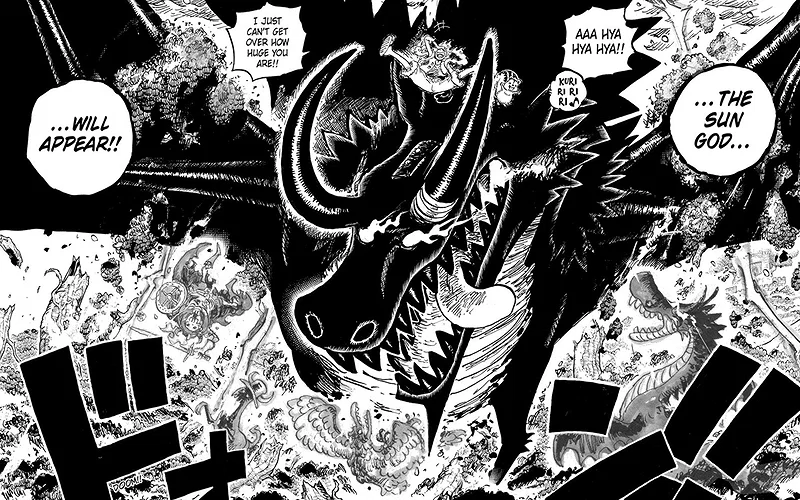 Luffy và thanh kiếm Ragnir đè lên Loki, kẻ đã biến hình thành rồng đen trong One Piece.