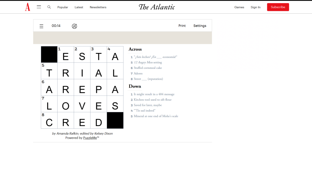 Solution for the Atlantic Games' Crossword puzzle