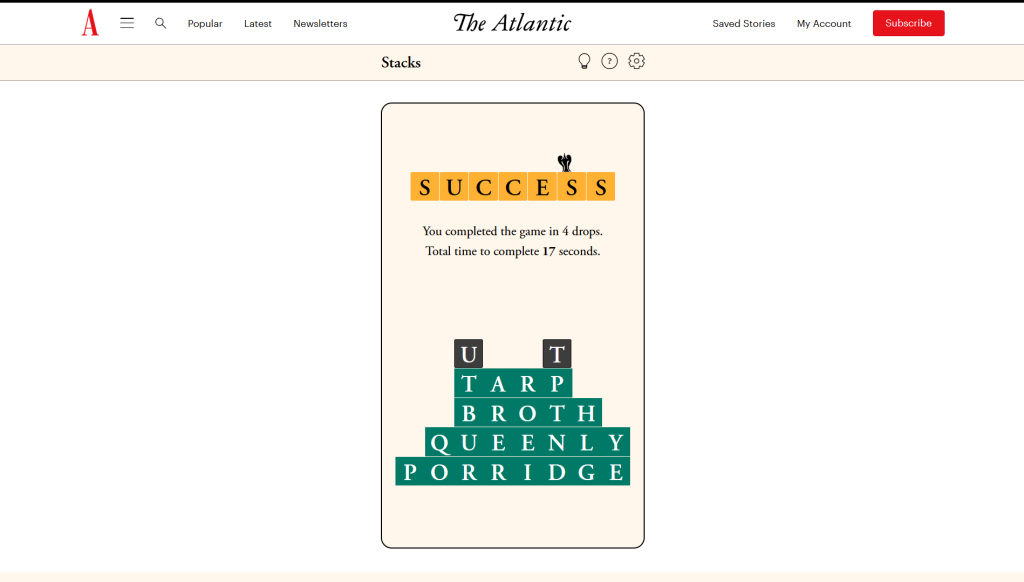 Solution for the Atlantic Games' Stacks puzzle