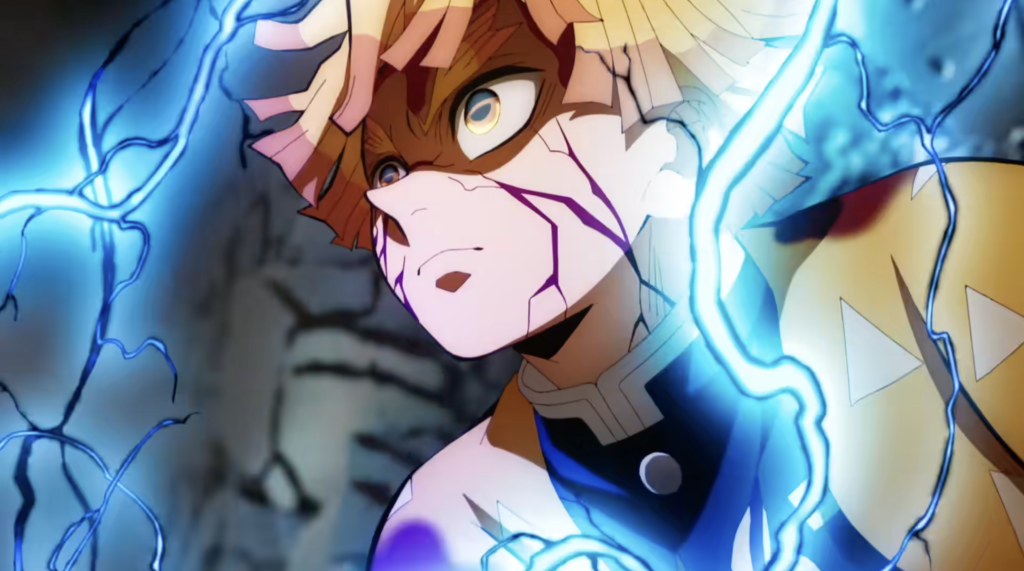 zenitsu agatsuma looks upwards in demon slayer
