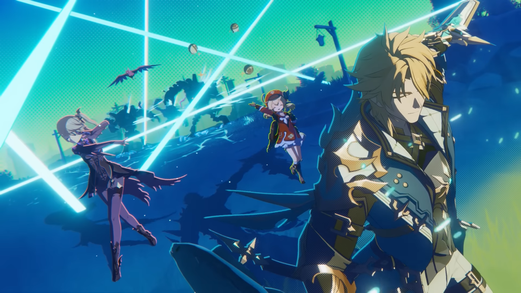 Genshin Impact characters fighting enemies.