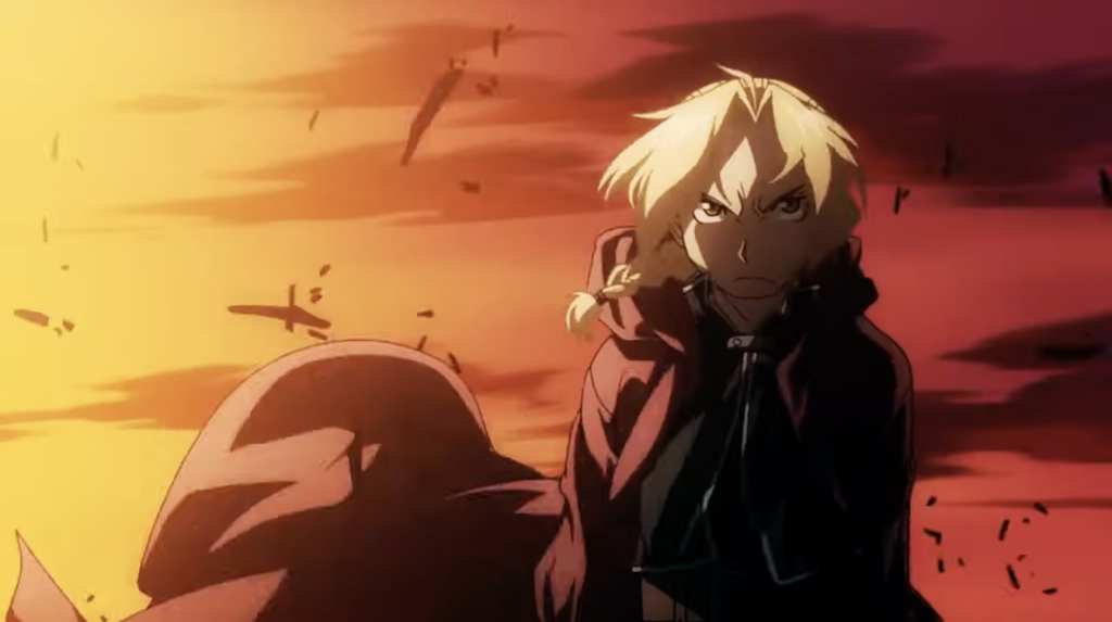 Một hình ảnh tĩnh của Edward Elric trong chiếc áo choàng đỏ từ bộ truyện Fullmetal Alchemist.