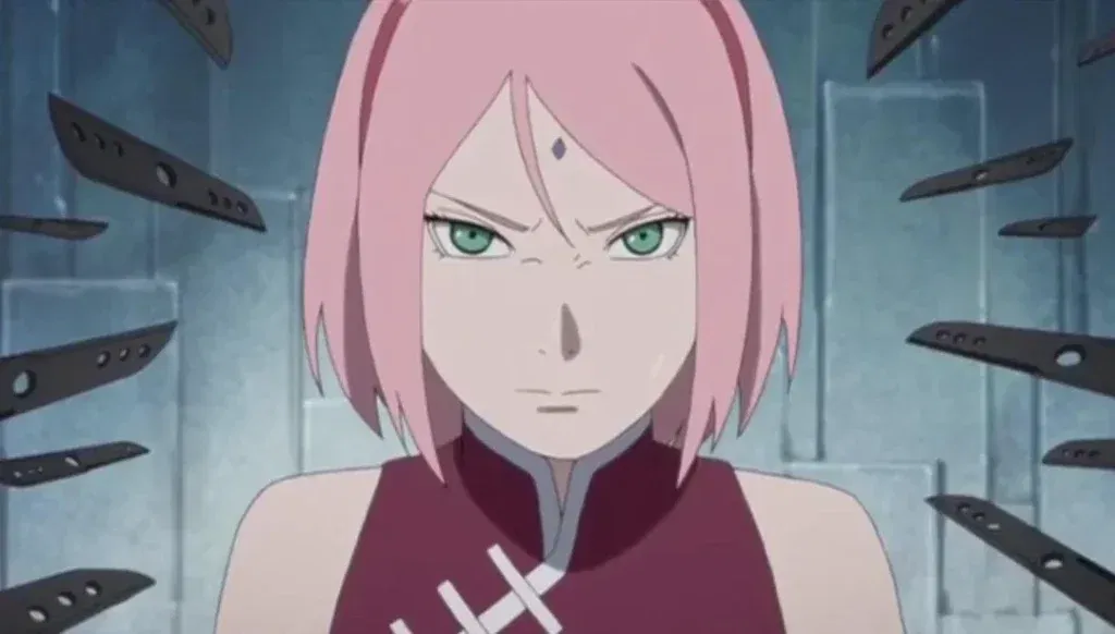 the image features sakura haruno from the naruto series and the scene depicts a horde of knives flying towards her in between a fight