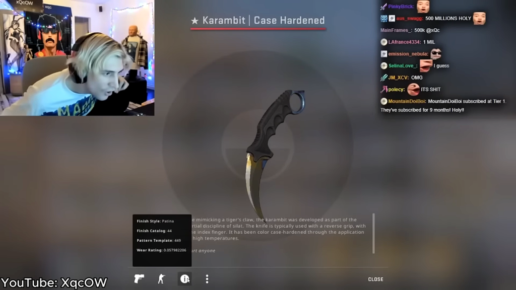 A screenshot of livestreamer xQc, having unboxed an expensive knife skin in Counter-Strike 2. 