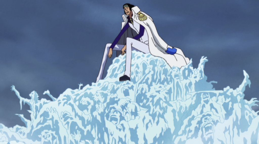 kuzan sits casually atop a mass of frozen, defeated pirates in one piece