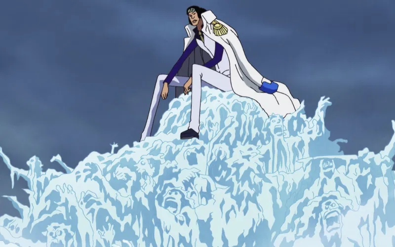 kuzan sits casually atop a mass of frozen, defeated pirates in one piece