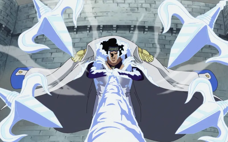aokiji manifests lethal ice spears using his powerful hie hie no mi in one piece