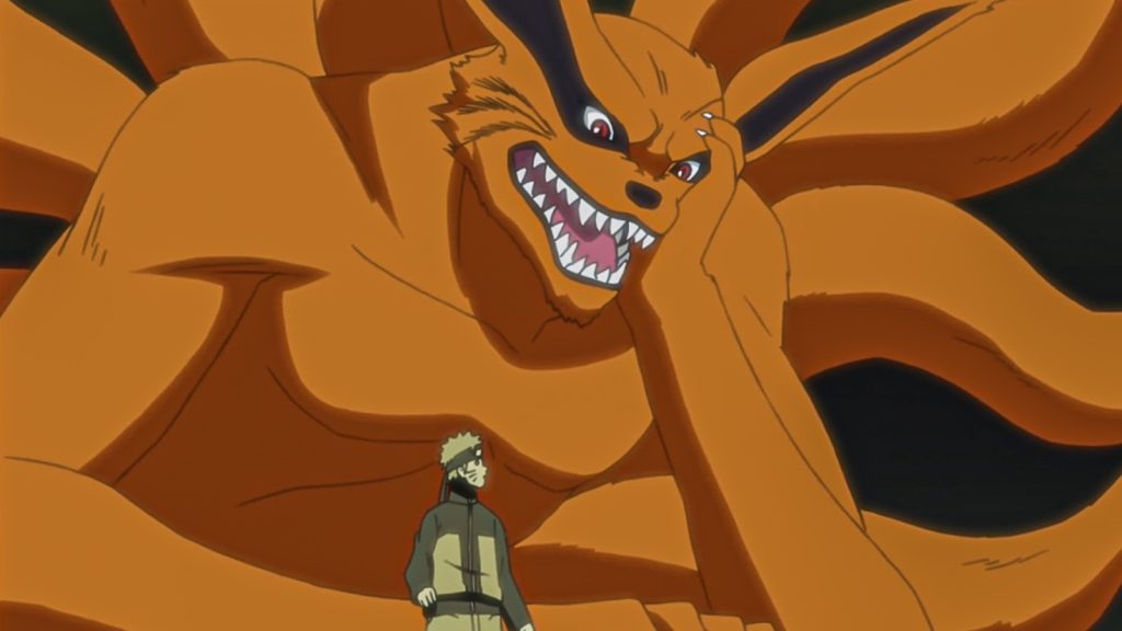 Naruto Uzumaki standing before the massive Kurama in Naruto Shippuden. 