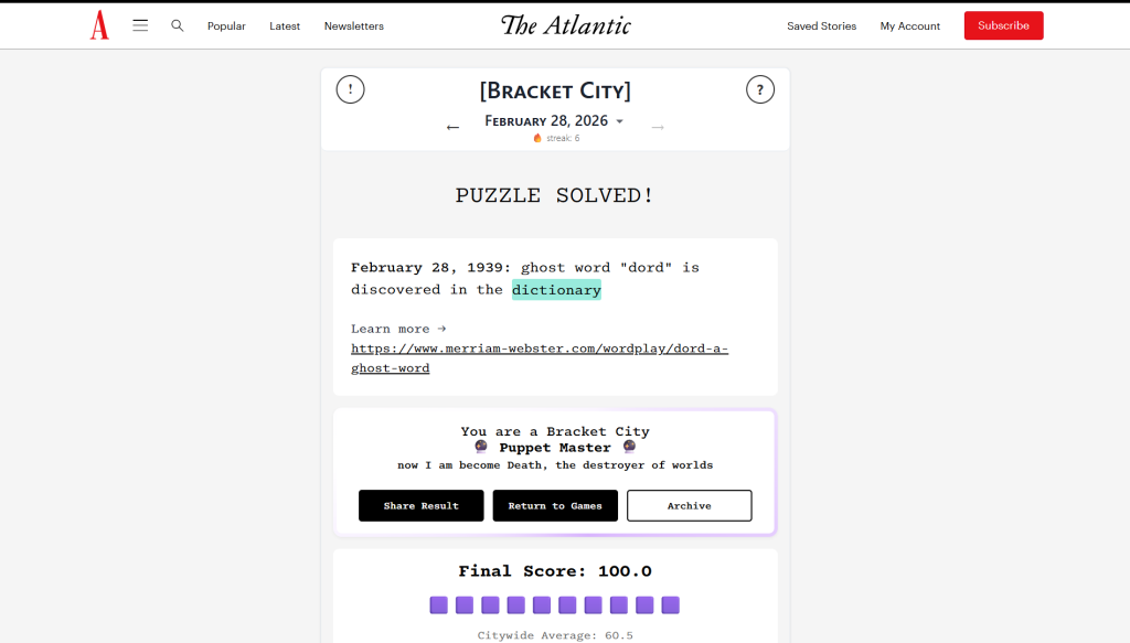 Solution for the atlantic games' bracket city puzzle