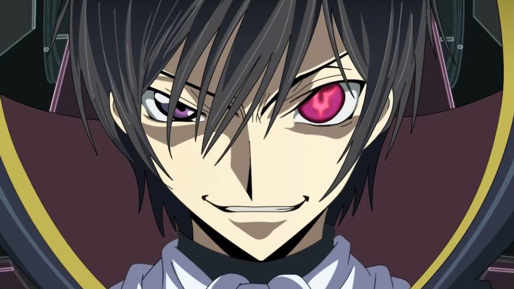 Lelouch is shown with the "Geass" activated in his left eye, a power that allows him to give absolute commands to anyone.