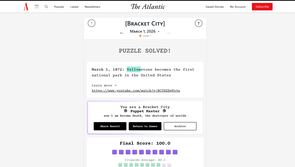 Solution for the atlantic games' bracket city puzzle
