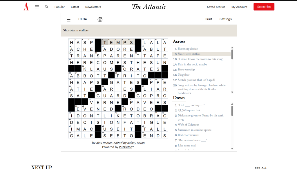Solution for the atlantic games' crossword puzzle