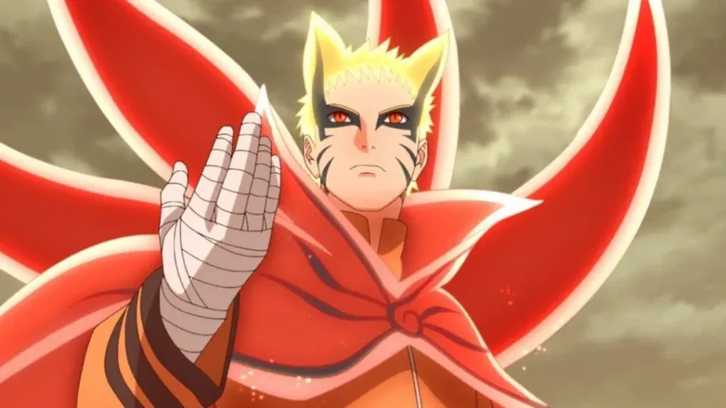 Naruto in his Baryon mode, signaling a fight