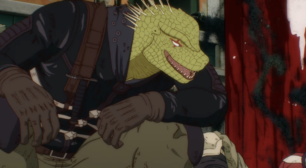 kaiman, the human with a lizard head, cracking jokes in dorohedoro season 2