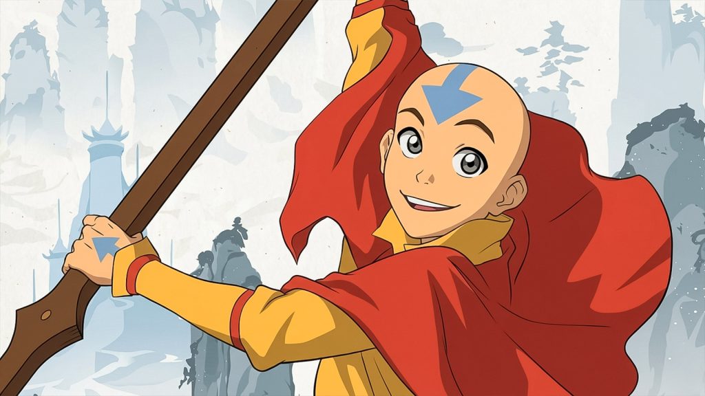 Aang holding a wooden stick the legend of aang the last airbender