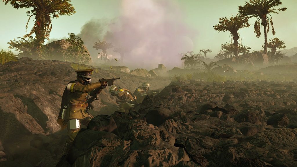 A scene from the new Helldivers 2 warbond trailer, showing soldiers taking cover in a trench while under gunfire from enemy Automatons. 