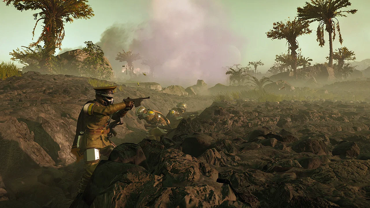 How to Get It and Is It Worth It? 17 A scene from the new Helldivers 2 warbond trailer, showing soldiers taking cover in a trench while under gunfire from enemy Automatons.