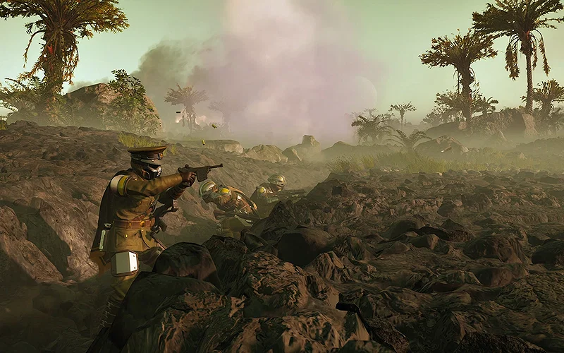 How to Get It and Is It Worth It? 5 A scene from the new Helldivers 2 warbond trailer, showing soldiers taking cover in a trench while under gunfire from enemy Automatons.