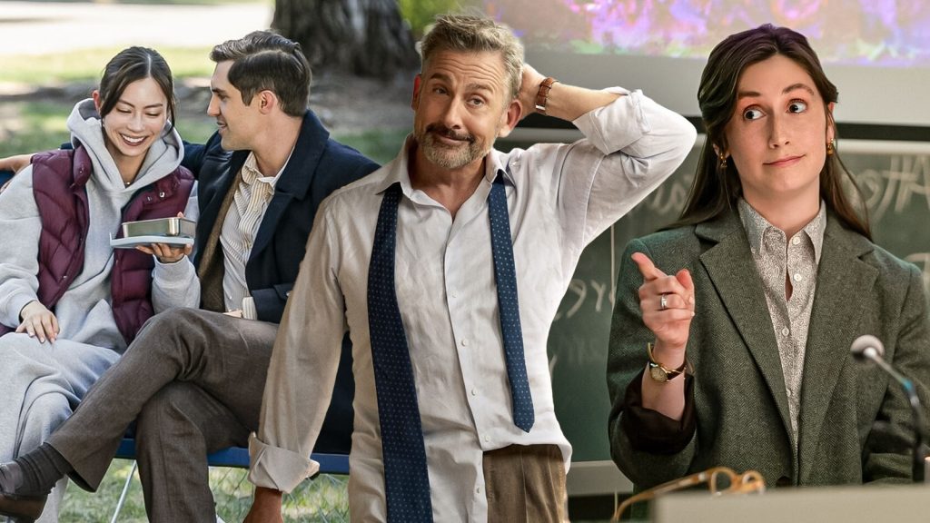 phil dunster, lauren tsai, steve carell and charly clive on rooster season 1