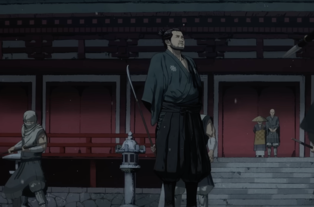 miyamoto looks around him as he is surrounded by guards in Onimusha