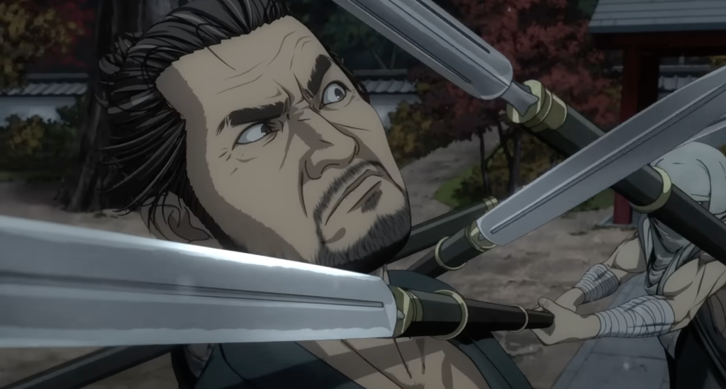 miyamoto averts getting stabbed by spears as guards attack him with three spears in Onimusha
