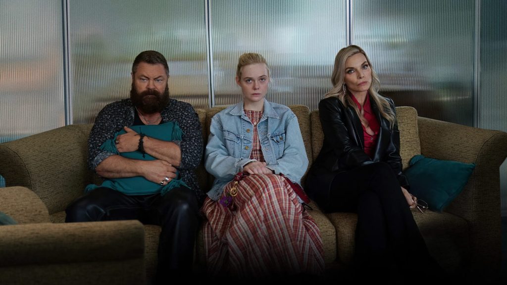 Elle Fanning, Michelle Pfeiffer, and Nick Offerman sitting on sofa, in Margo’s Got Money Troubles