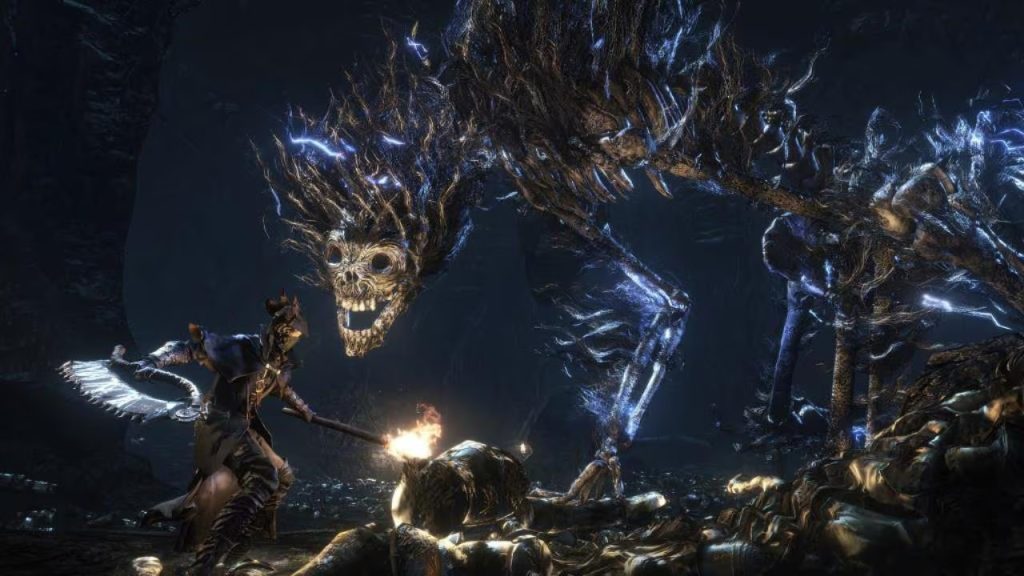The Hunter fighting Darkbeast Paarl in Bloodborne.