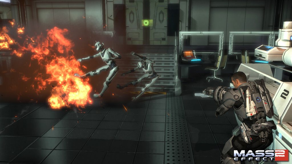 Commander Shepard shooting aliens in Mass Effect 2.