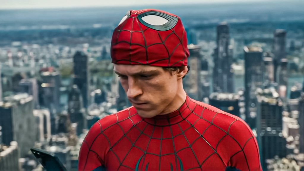 tom holland in spider suit with no mask in spider man brand new day