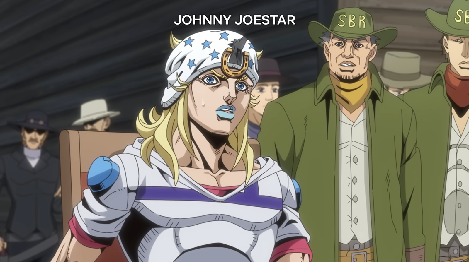 johnny looks from the crowd as gyro duels with a goon in steel ball run