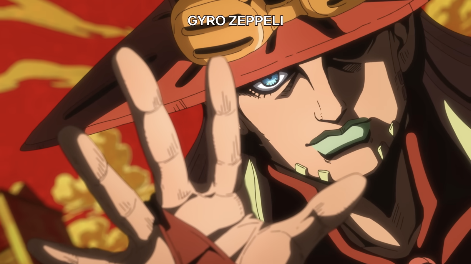 a close up shot of gyro zeppeli, who is an outlaw steel ball run