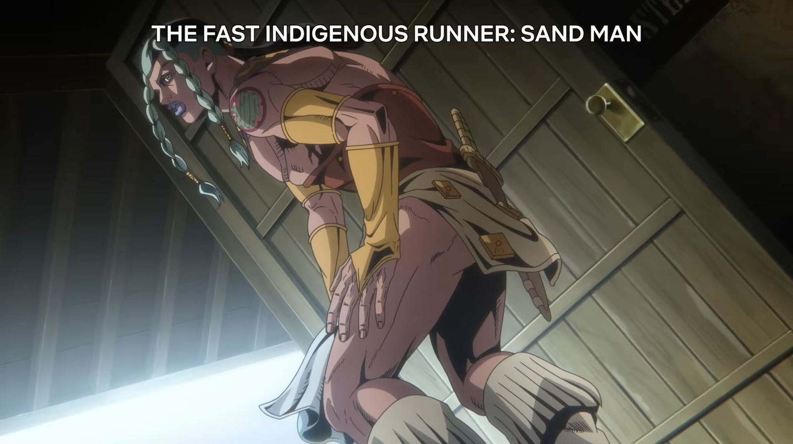 a close up shot of sandman, who runs faster than horses in steel ball run