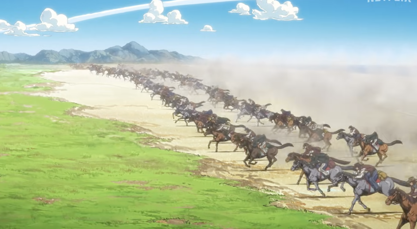 a wide angle shot of the intercontinental race as all the racers line up at the starting point with their horses in steel ball run
