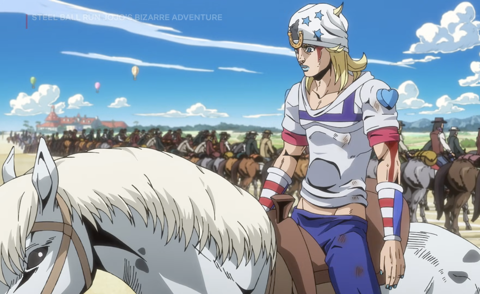 johnny manages somehow to get on top of his horse to participate in the race in steel ball run
