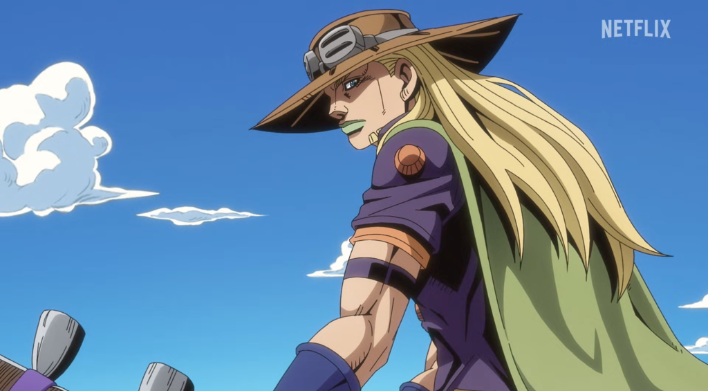 gyro looks at johnny who was dragged by his horse before the start of the race in steel ball run