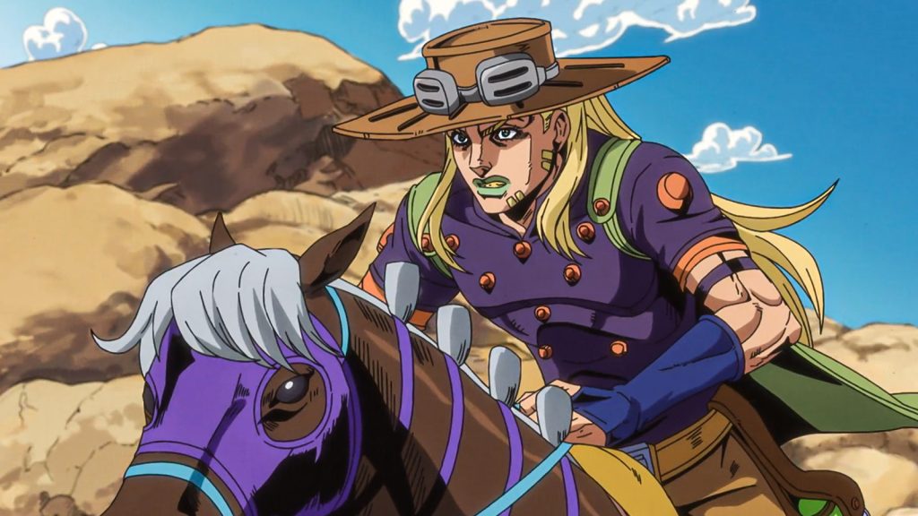 Gyro racing with his horse during the steel ball run race in the anime series STEEL BALL RUN JoJo's Bizarre Adventure