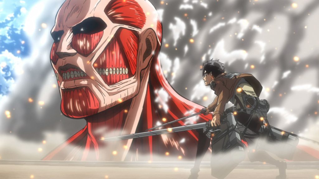 still from Attack on Titan season 1 when Eren faced the Colossal Titan