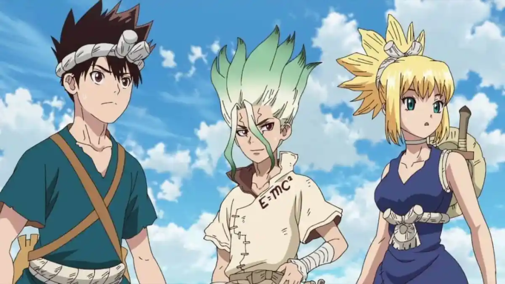 Chrome, senku, and kohaku all standing together