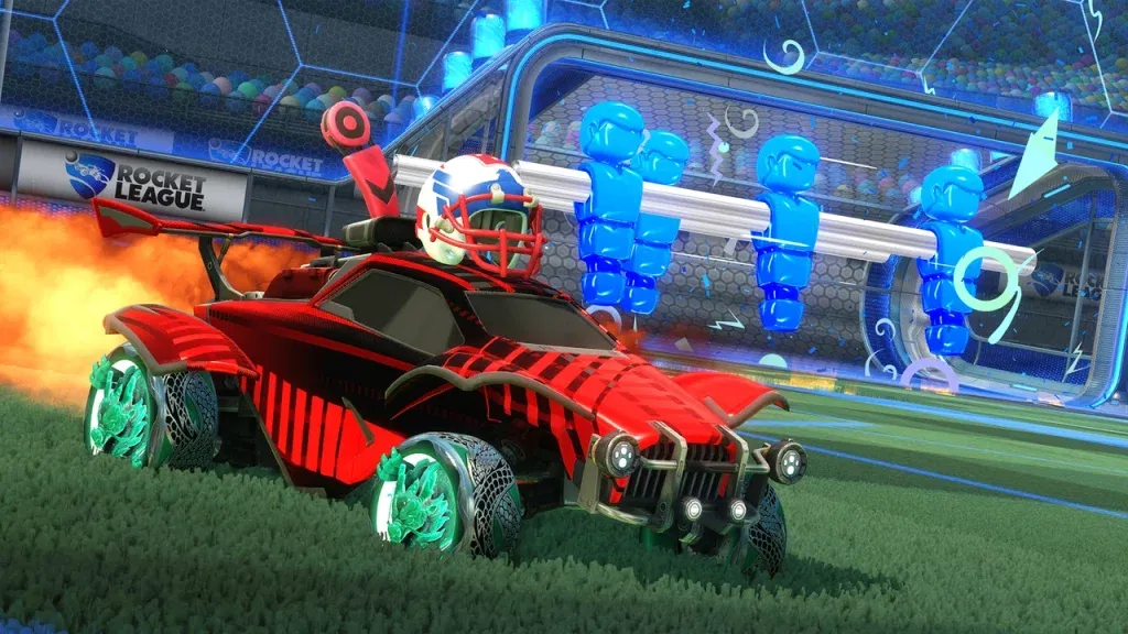 Rocket-powered vehicles in Rocket League.