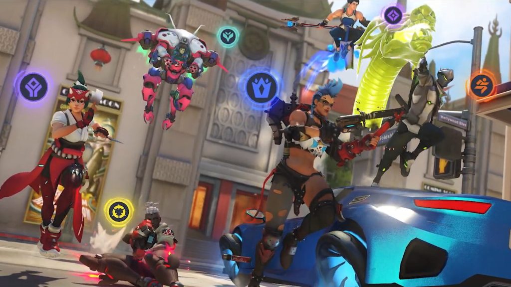 Heroes fighting in Overwatch.