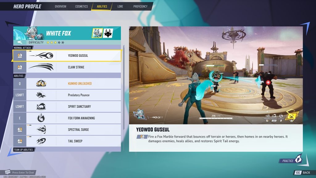 Marvel Rivals in-game screenshot showcasing White Fox's "Yeowoo Guseul" normal attack.