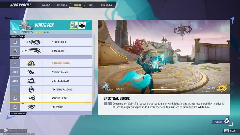 Marvel Rivals in-game screenshot showcasing White Fox's first right-click ability, "Spectral Surge".