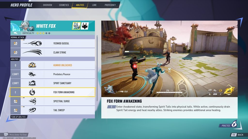 Marvel Rivals in-game screenshot showcasing White Fox's "Fox Form Awakening" E ability.