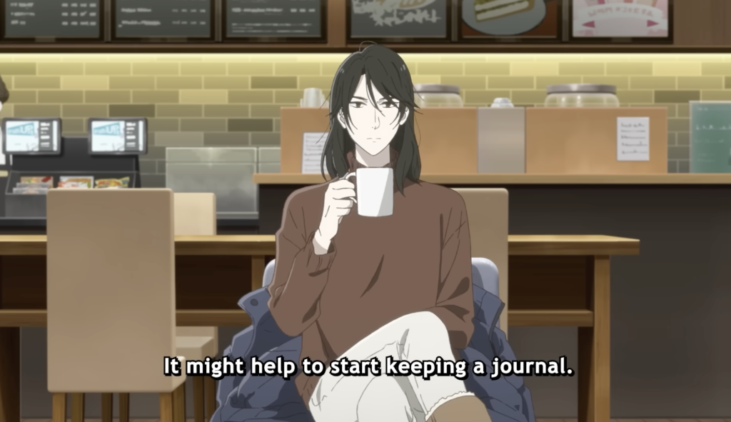 makio sips coffee as she sits in a restaurant in journal with witch