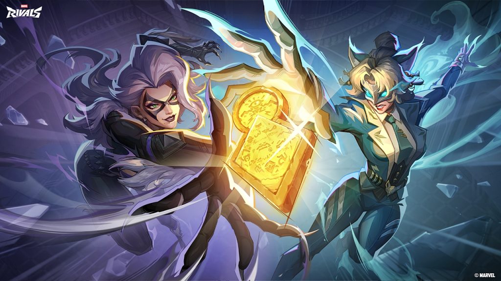 A Marvel Rivals Gallery Card showcasing the two Season 7 heroes, Black Cat and White Fox, both trying to get hold of a mystical artifact.  