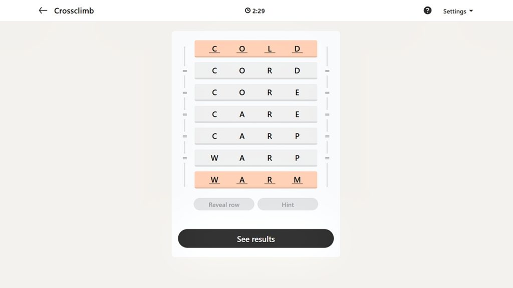 A screenshot of the LinkedIn Games Crossclimb puzzle solution today.