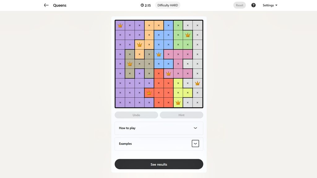 A screenshot of the LinkedIn Games Queens puzzle solution today.