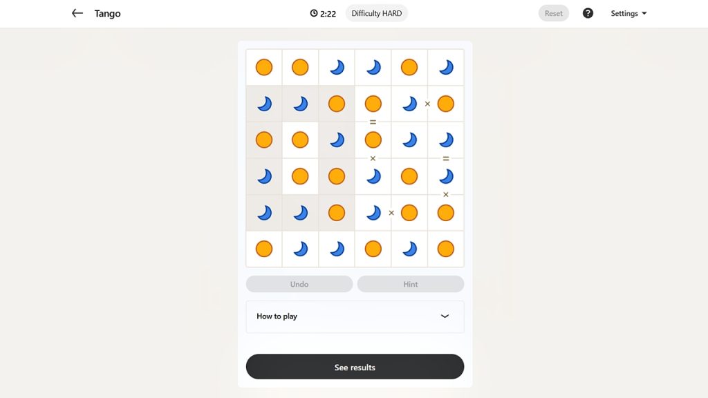 A screenshot of the LinkedIn Games Tango solution today.